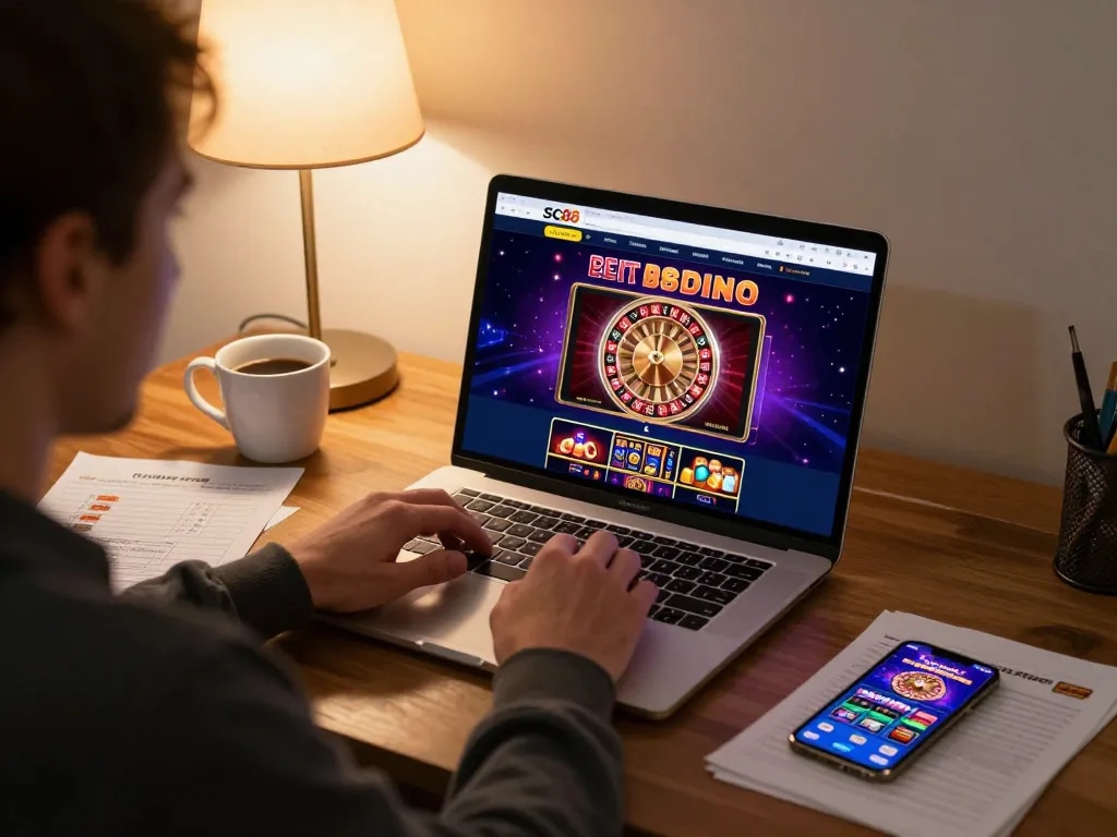Player engaging in SC88 online casino gaming with live dealer roulette, warm home setting.