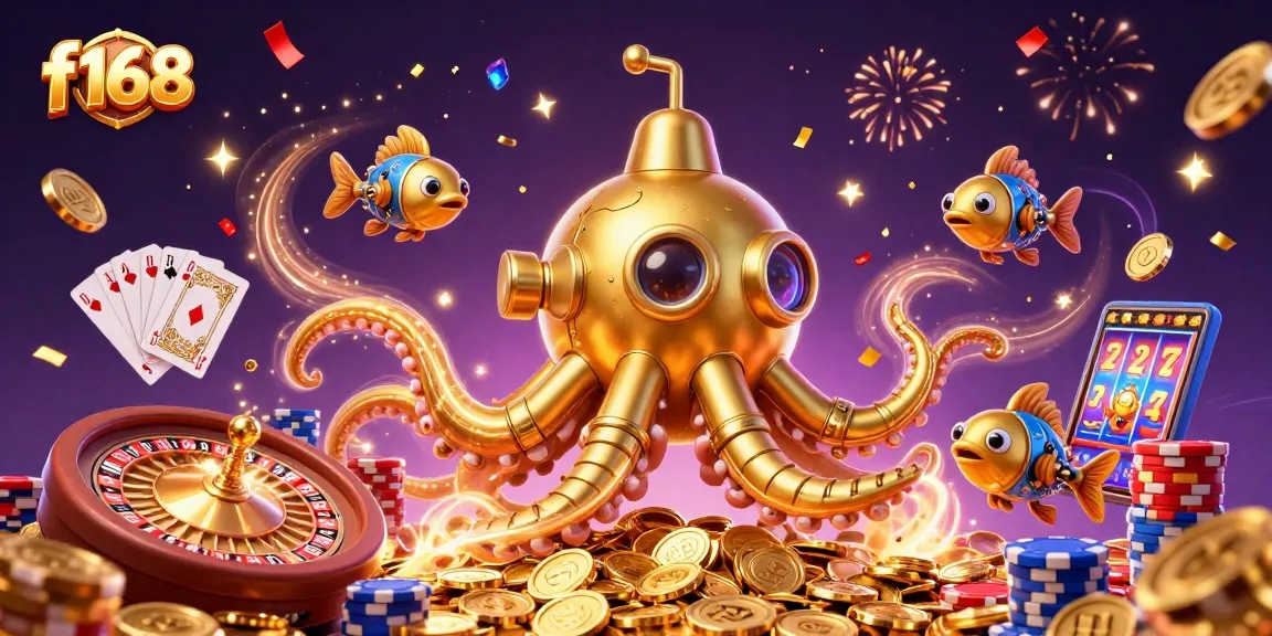 Engage with thrilling f168 gaming experience featuring a golden kraken submarine amidst sparkling casino elements.