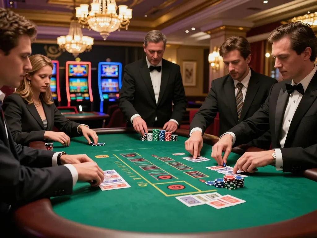 vipwin players engaged in high-stakes blackjack at a luxurious casino table