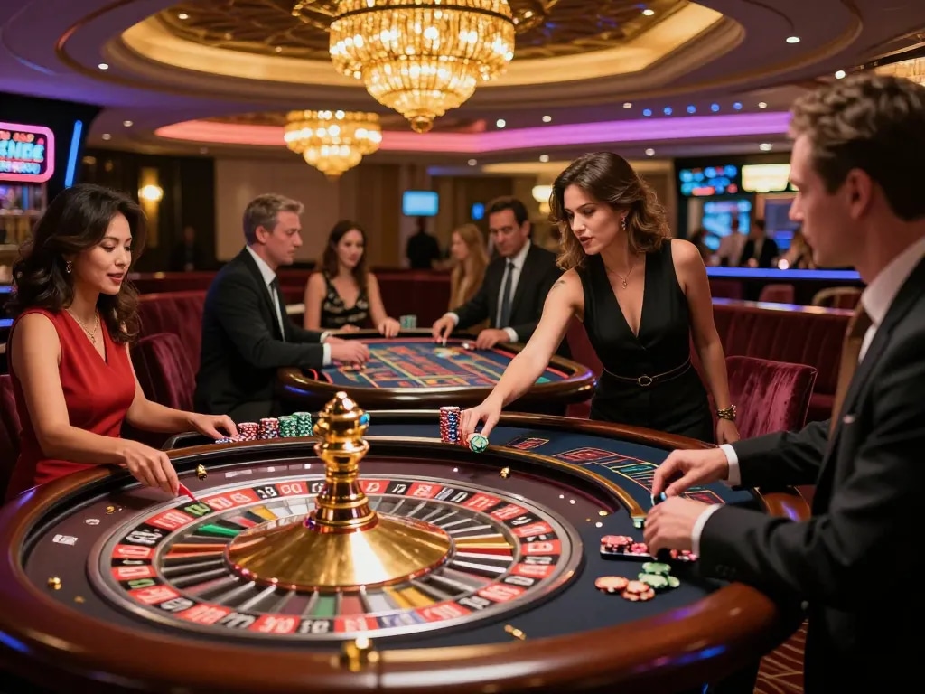 Nowgoal players engaging at a roulette table, showcasing dynamic betting action in an upscale casino.