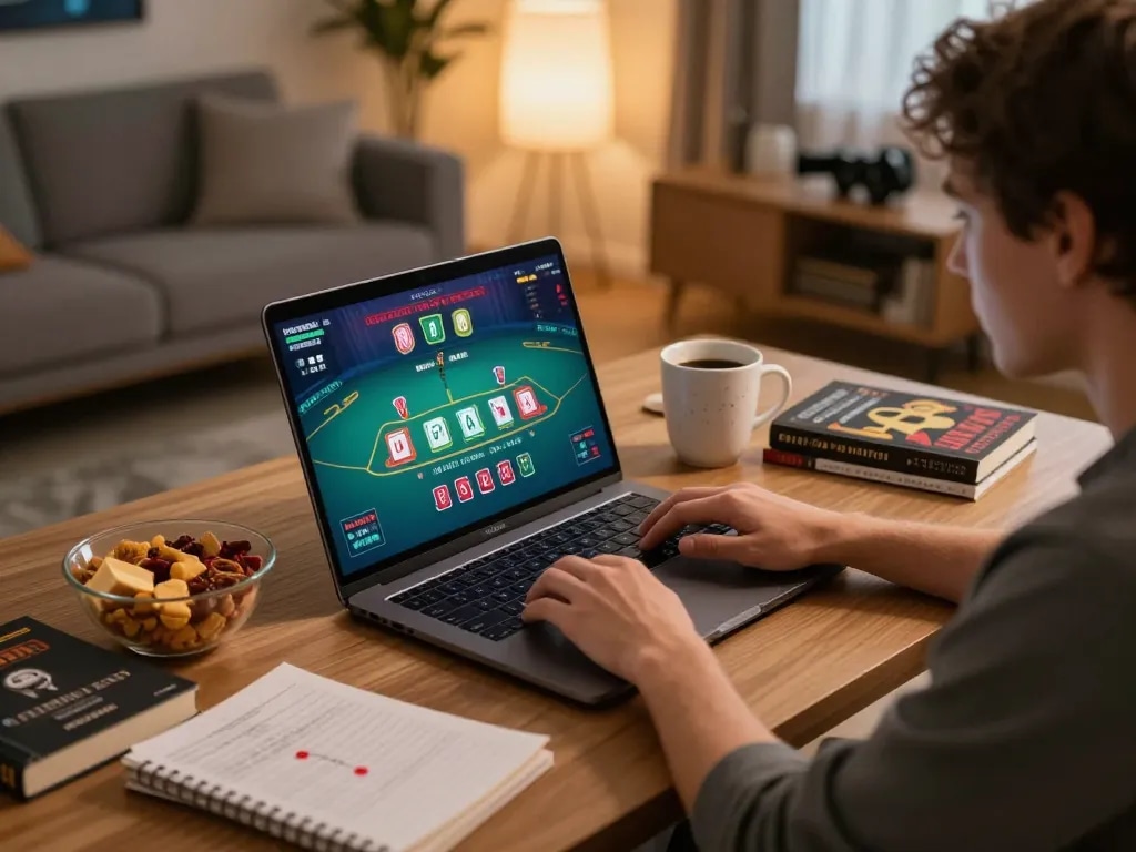 OKFUN player enjoying an online blackjack game in a cozy home setting, showcasing dynamic gameplay and strategic thinking.