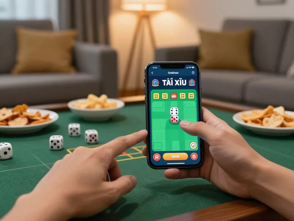 Engaging gameplay on the app tài xỉu with hands hovering over the screen, showcasing exciting moments.