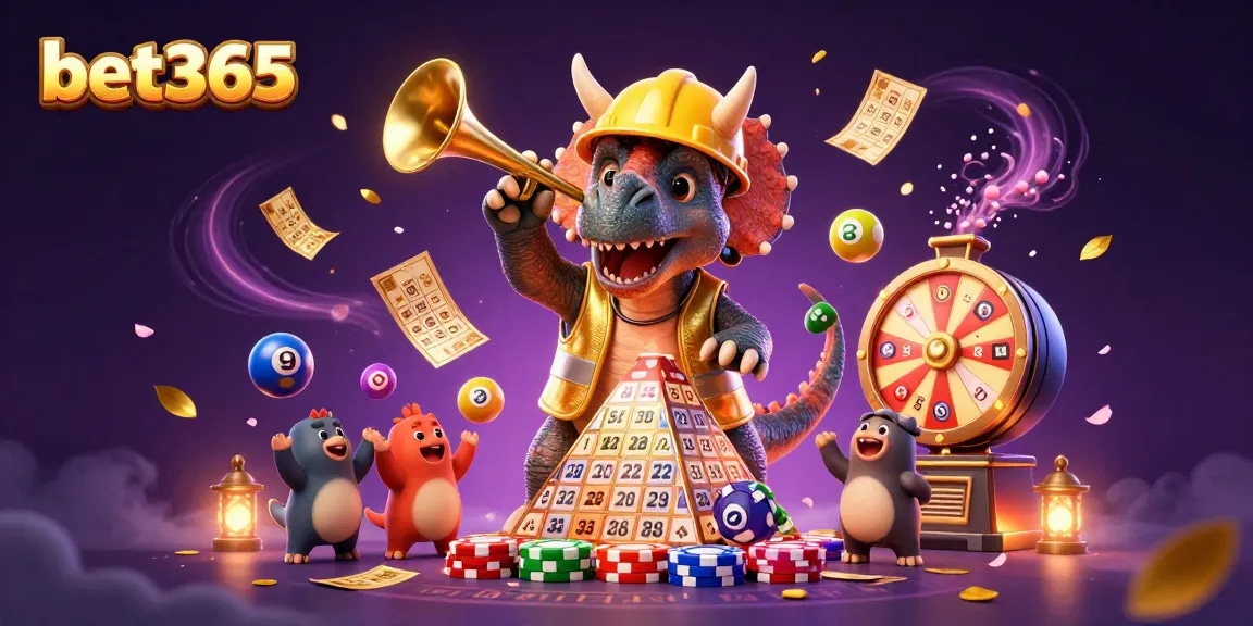 Engage with bet365 through a vibrant 3D illustration depicting a triceratops building poker chips.