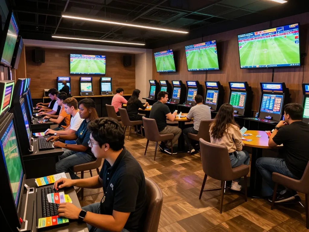 Xoilac sports fans engaging in live betting at a lively lounge during a football match