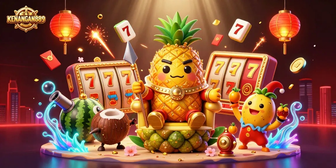 Engage with KENANGAN889's vibrant online slot experience featuring a golden pineapple king and lively casino atmosphere.