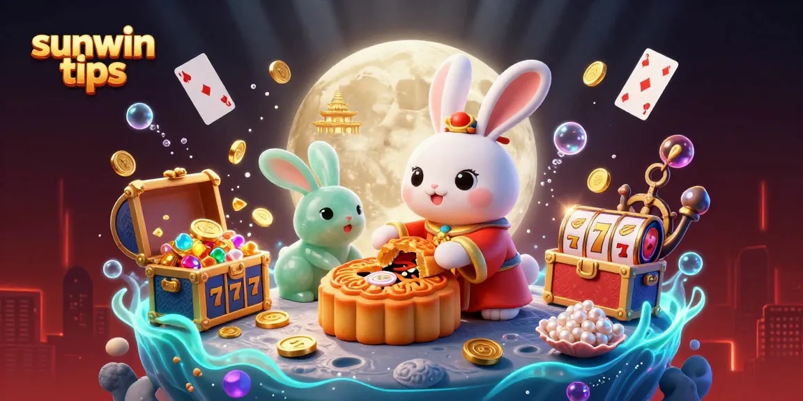 Win big with sunwin tips in a vibrant scene showcasing moon rabbit and casino treasures.