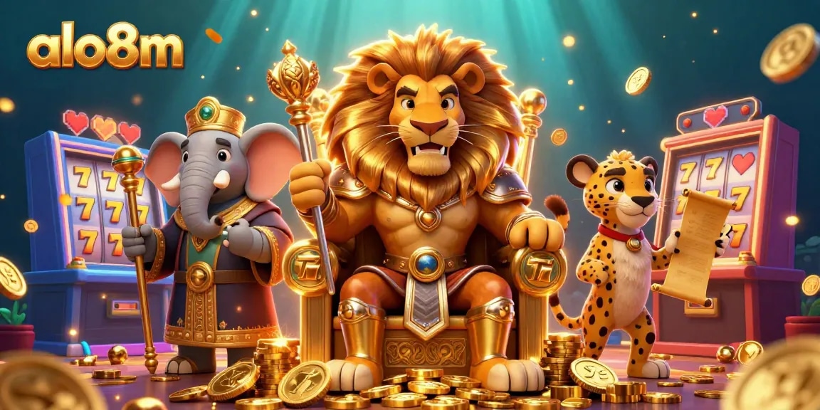Experience the thrill of gaming at alo8m with a 3D lion king surrounded by slot machines and vibrant casino elements.