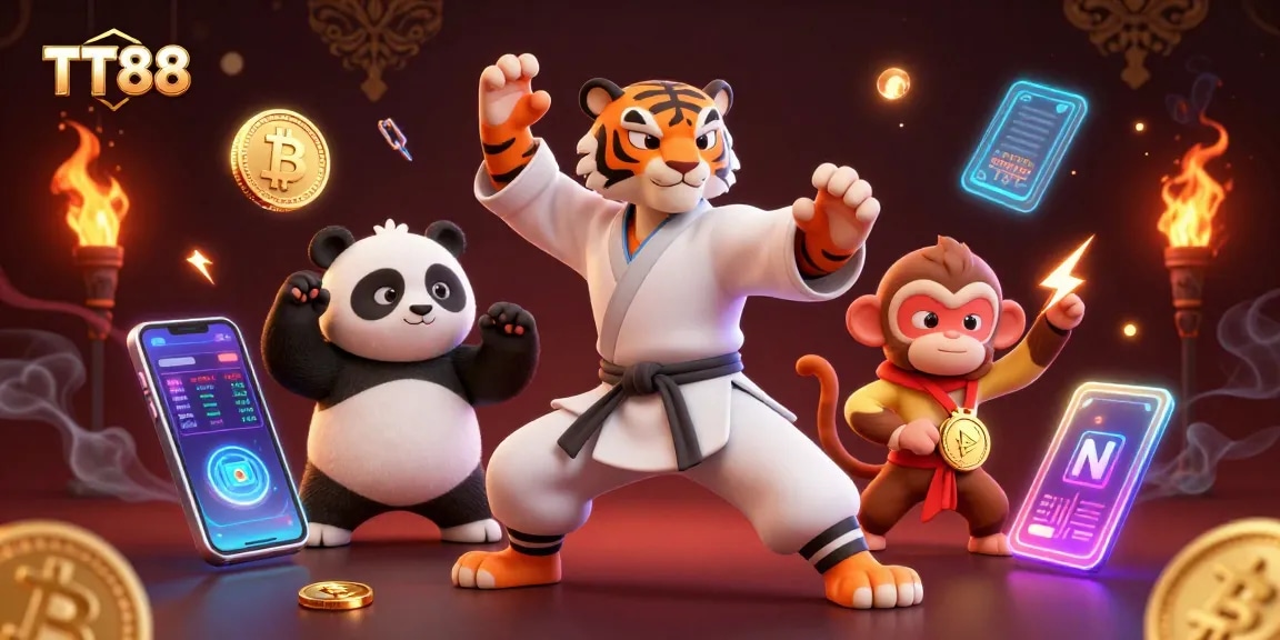 Experience thrilling wins at TT88 with a kung fu tiger master, panda, and monkey in a vibrant casino setting.