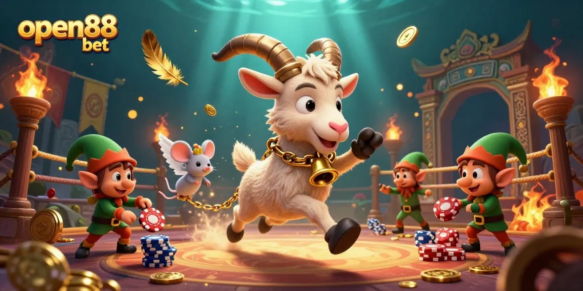 Experience the excitement of open88 bet in a vibrant online casino featuring a Krampus goat and playful characters.