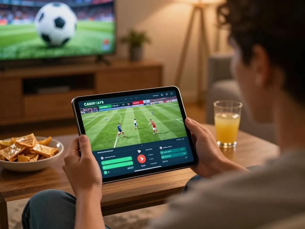 Excited viewer engaging with CAKHIATV while betting on live football matches at home