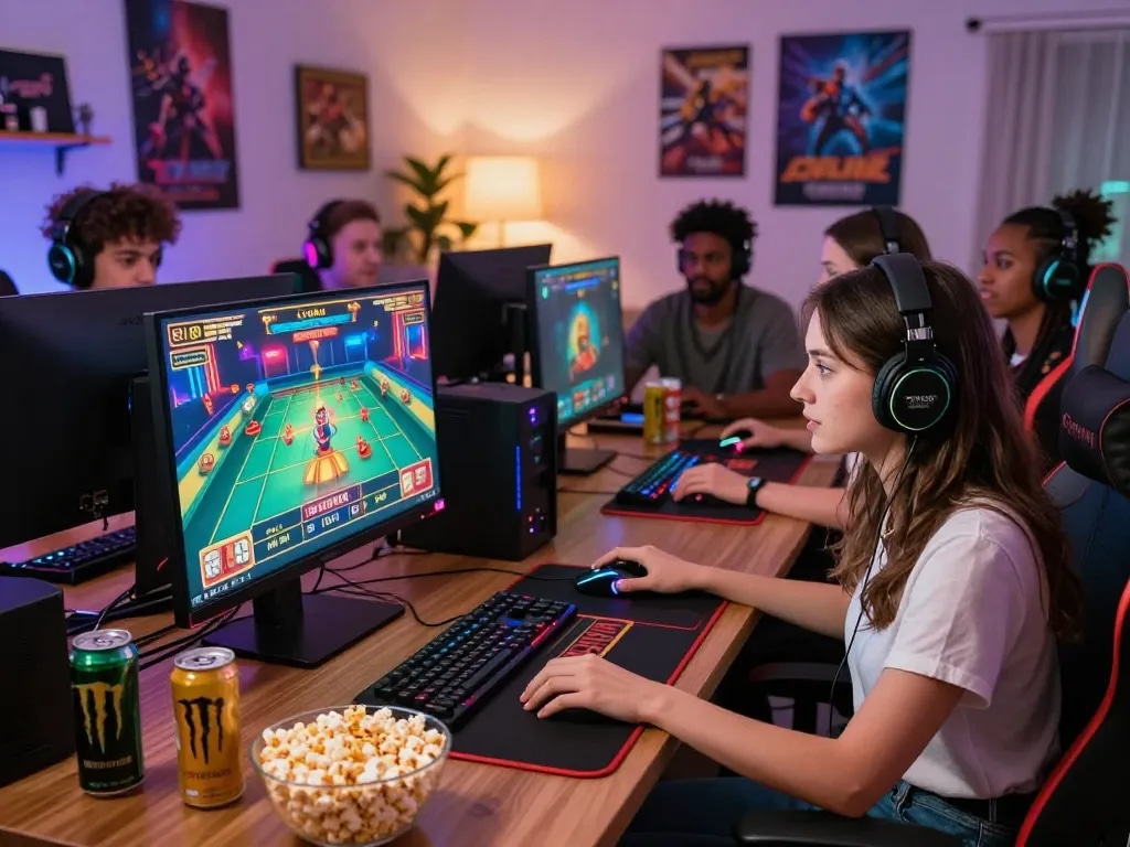 Engaged players enjoying MM88 online casino games in a vibrant gaming setup.