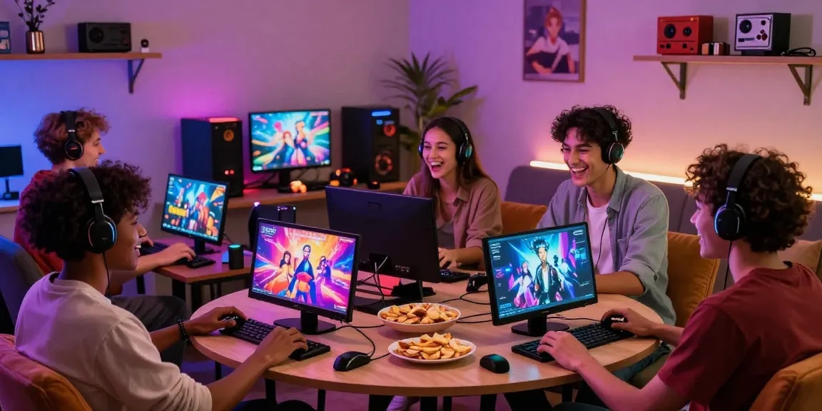 Friends enjoying free hentai games in a cozy gaming den, vibrant atmosphere.