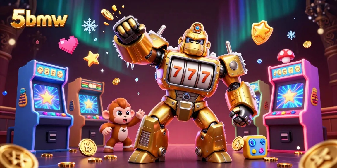 Engage with exciting action at 5bmw in this vibrant casino-themed scene featuring a golden gorilla mech surrounded by gaming elements.