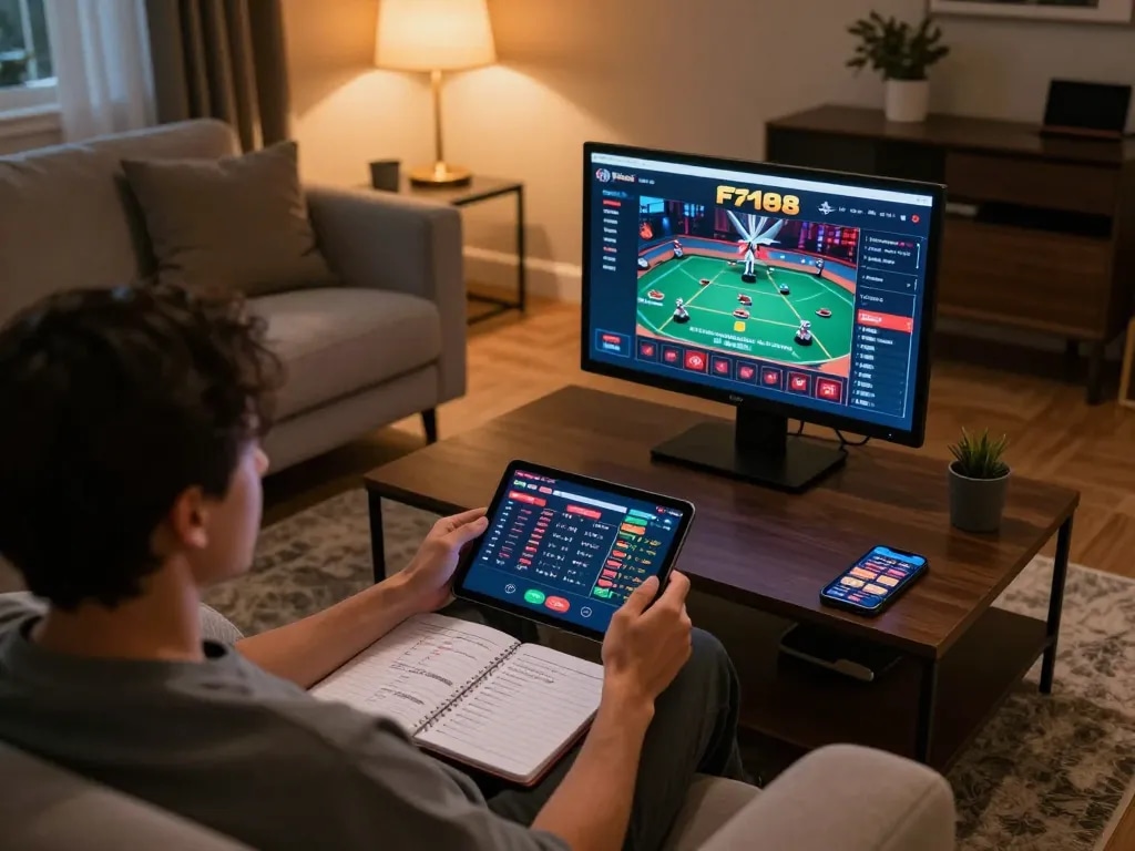 Player enjoying F168 online casino on tablet, engaged in poker action at home