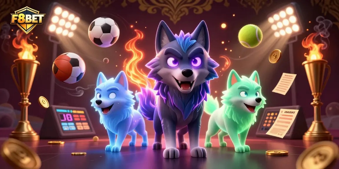 F8BET wolf leader rides the thrill of sports betting with glowing symbols and dynamic elements.