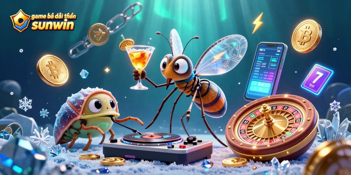 Engaging scene showcasing game bài đổi thưởng sunwin with a casino mascot, trilobite DJ, and golden roulette wheel.