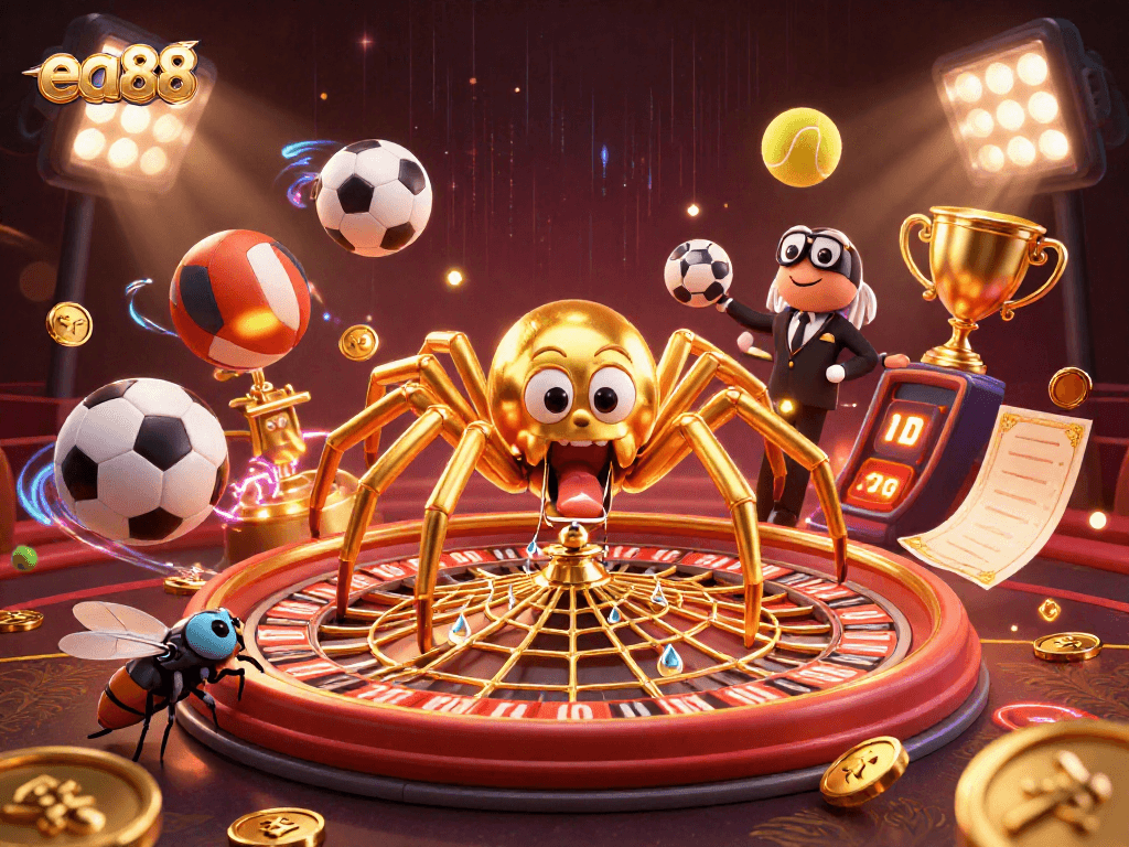 ea88 players engage in dynamic betting as a golden spider spins a roulette wheel web in a vibrant casino.