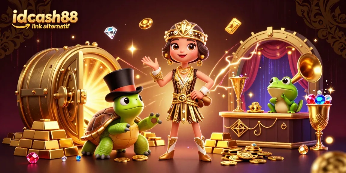Experience the excitement of gaming with idcash88 link alternatif amidst gold treasures and vibrant characters