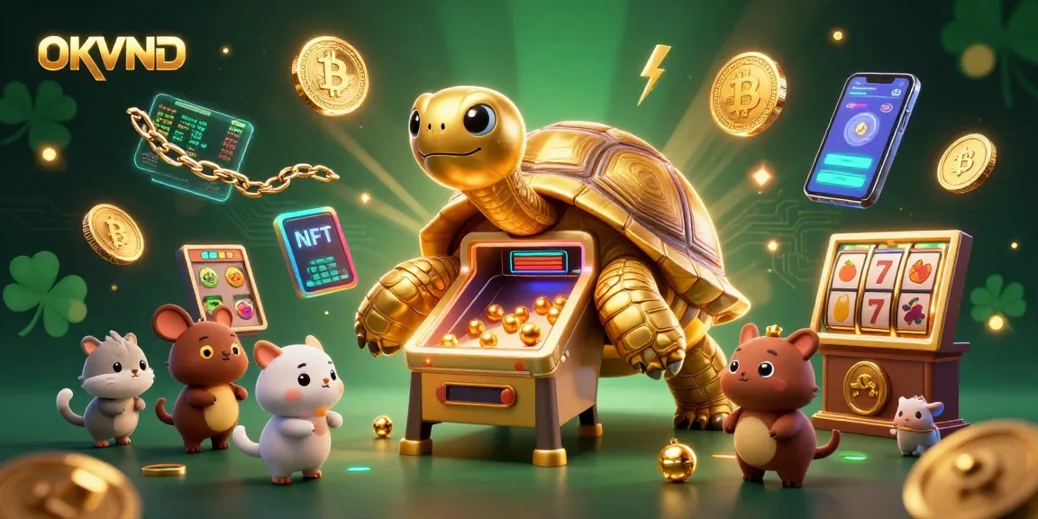 Experience exhilarating gaming with OKVND's colossal golden tortoise pinball machine in a vibrant casino illustration.