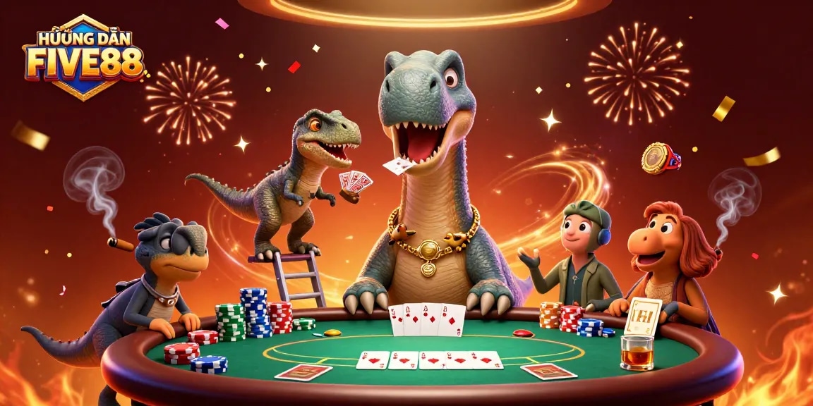 Experience the excitement of HƯỚNG DẪN FIVE88 with a vibrant 3D casino illustrated scene.
