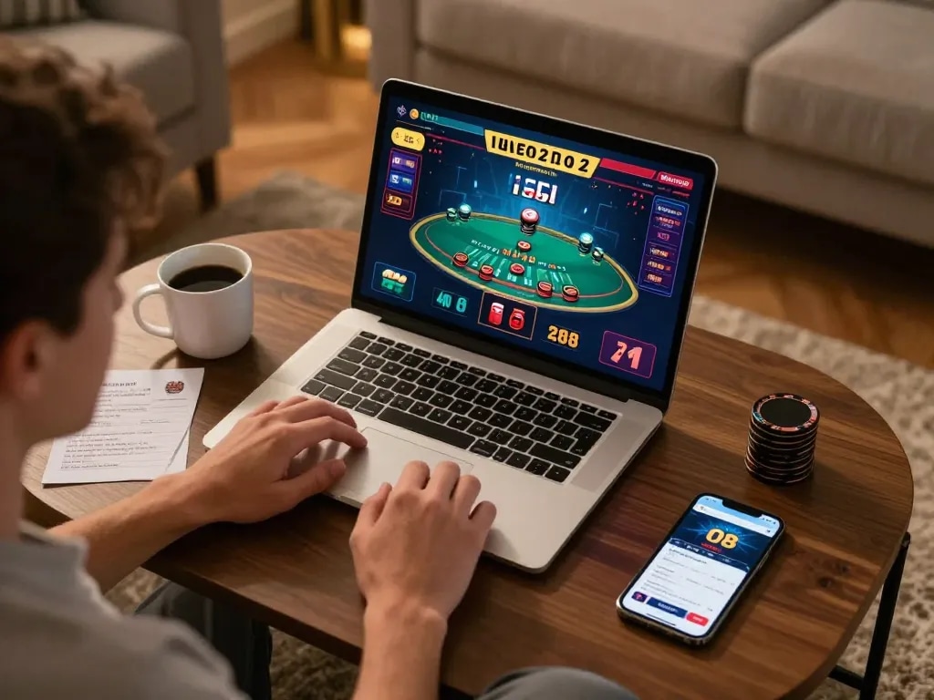 O8 casino player enjoying a live dealer blackjack game in a cozy home environment.