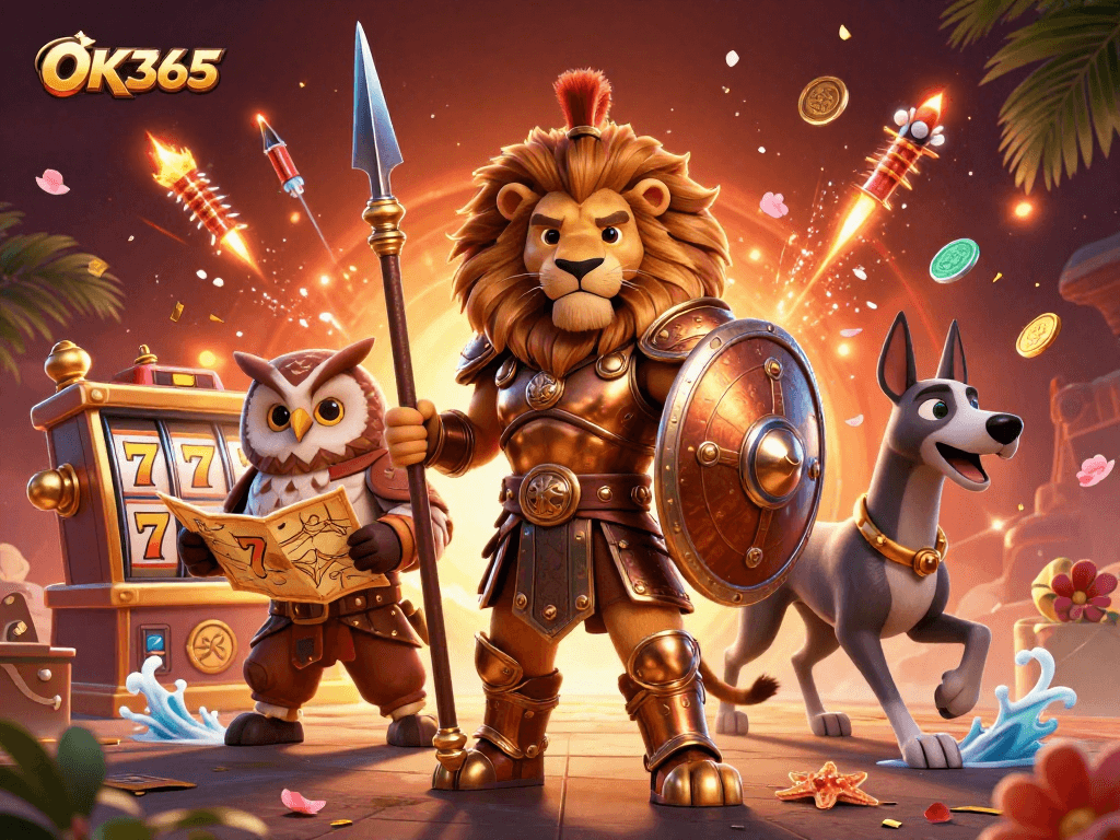 Win big at OK365 with vibrant 3D casino elements and heroic characters creating a thrilling atmosphere.