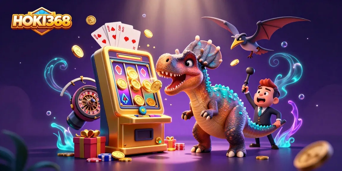 HOKI368 features a pachycephalosaurus hitting a slot machine for jackpot coins in a casino.