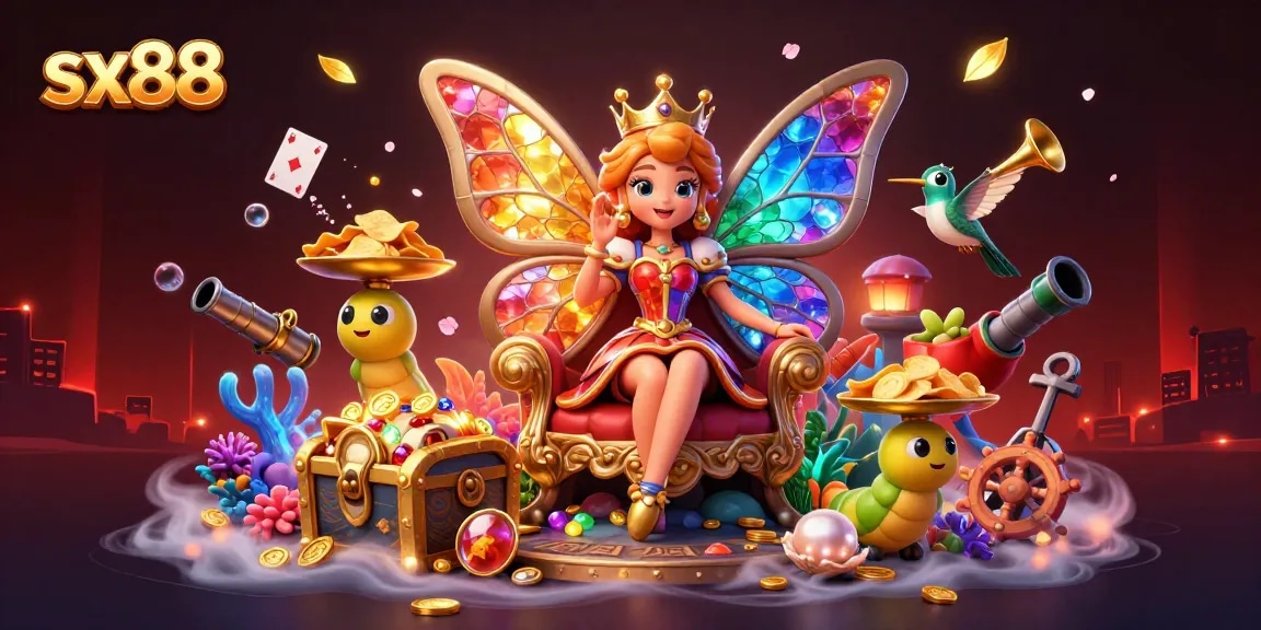 Win big at sx88 with a vibrant 3D illustration showcasing casino excitement and colorful characters.