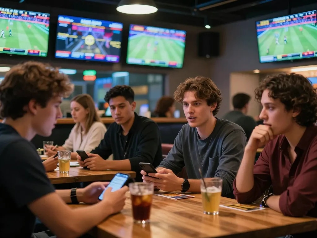 Watch players engage in live sports betting at a vibrant venue featuring multiple screens, enhancing the bl 555 experience.