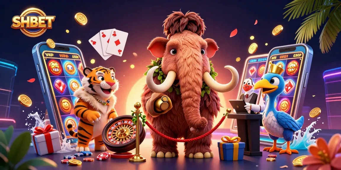 Engage in the exciting world of SHBET with a vibrant 3D casino illustration featuring characters and games.