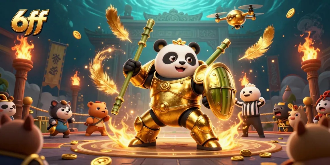 Engage in thrilling action with 6ff's dynamic casino-themed robot battles amidst swirling golden energy.