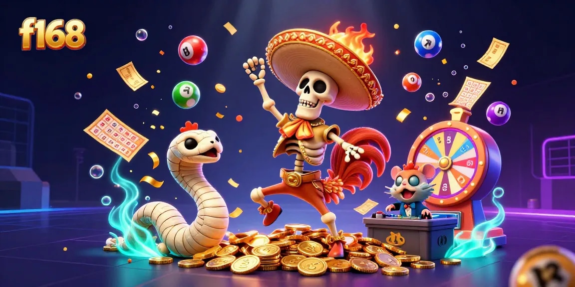 Experience exciting wins at f168 with a vibrant 3D casino illustration full of dynamic game elements.