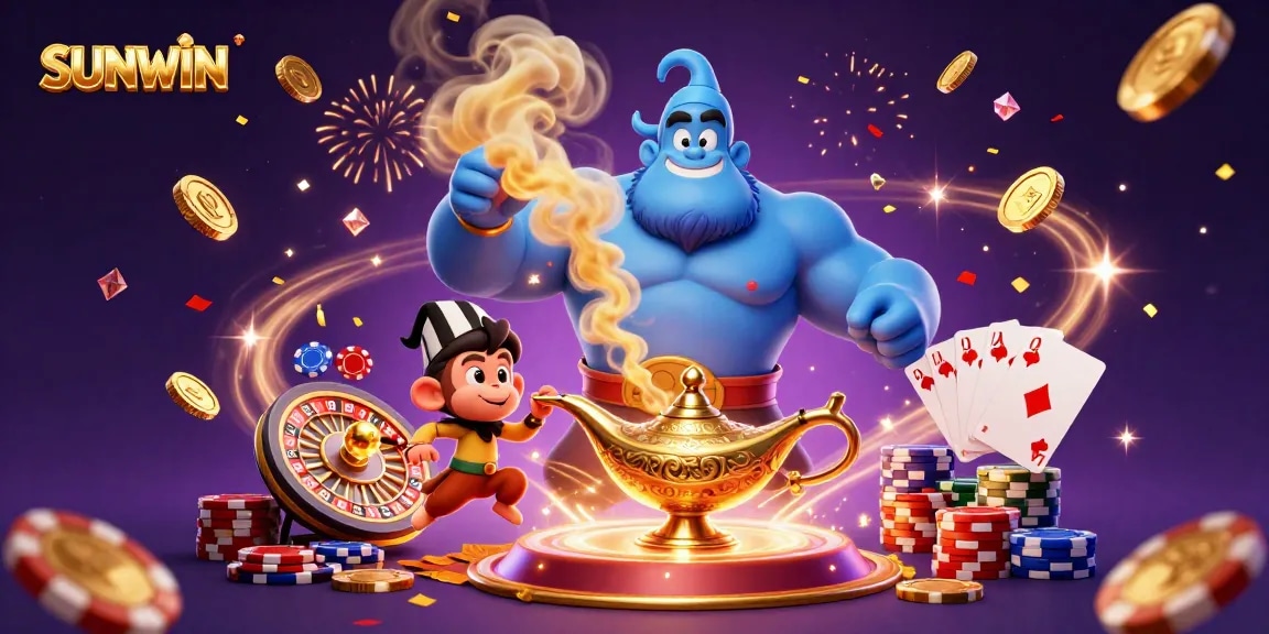 SUNWIN showcases an enchanting casino scene with a genie, poker chips, and golden coins bursting with energy.