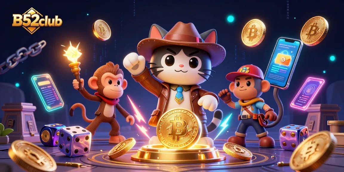 B52club offers a vibrant gaming experience with a dynamic 3D scene showcasing an archaeologist cat discovering treasures among casino artifacts.