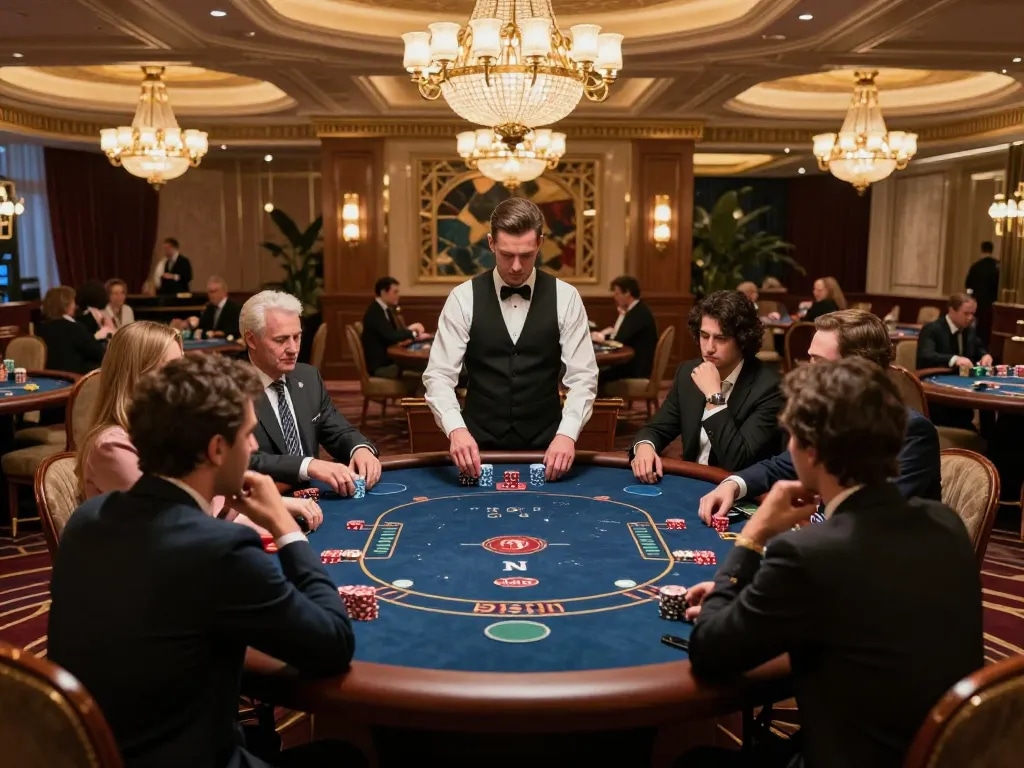 MM88 VIP poker players engaged in high-stakes game under warm ambient lighting.