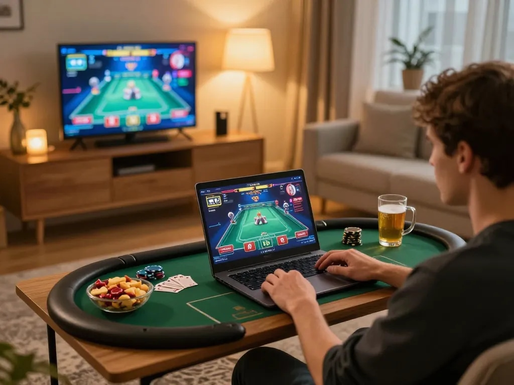 Engaged player using rikvip gaming platform on laptop at home, showcasing an online casino gaming atmosphere.