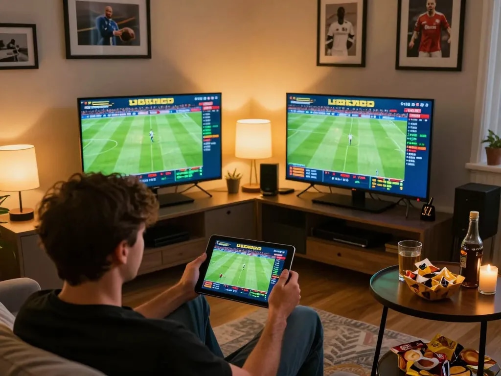 Socolive user engaging in sports betting on a tablet, showcasing an exciting home gambling scene