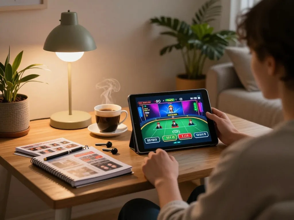 uu88 player analyzing strategies while betting online at home using tablet