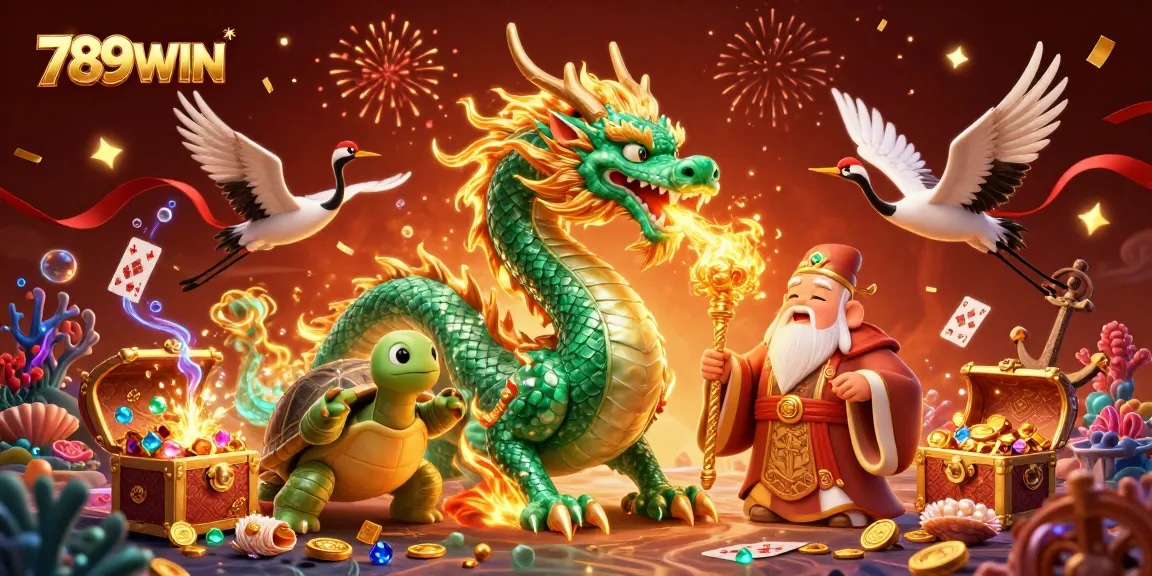 Experience thrilling casino adventures with 789WIN and an emerald dragon, floating cards, and gold.
