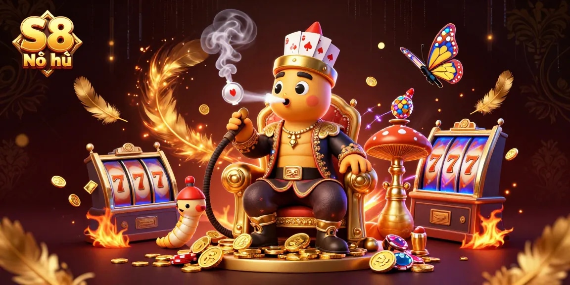 S8 Nổ hũ showcases a vibrant 3D illustration of a whimsical hookah-master amidst dynamic gambling elements, emphasizing exciting gameplay.