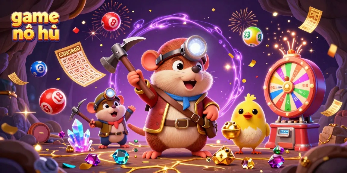 Experience thrilling game nổ hũ with a vibrant scene of treasure hunters, gems, and dynamic lottery elements.