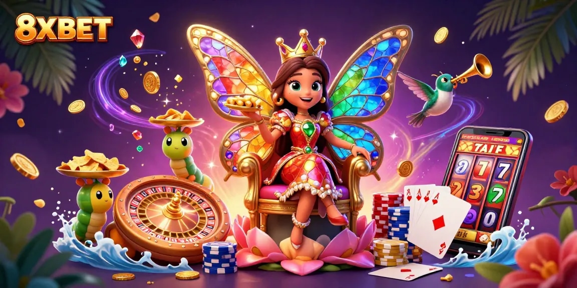Spin to win with 8XBET as the butterfly queen presides over a vibrant casino world.