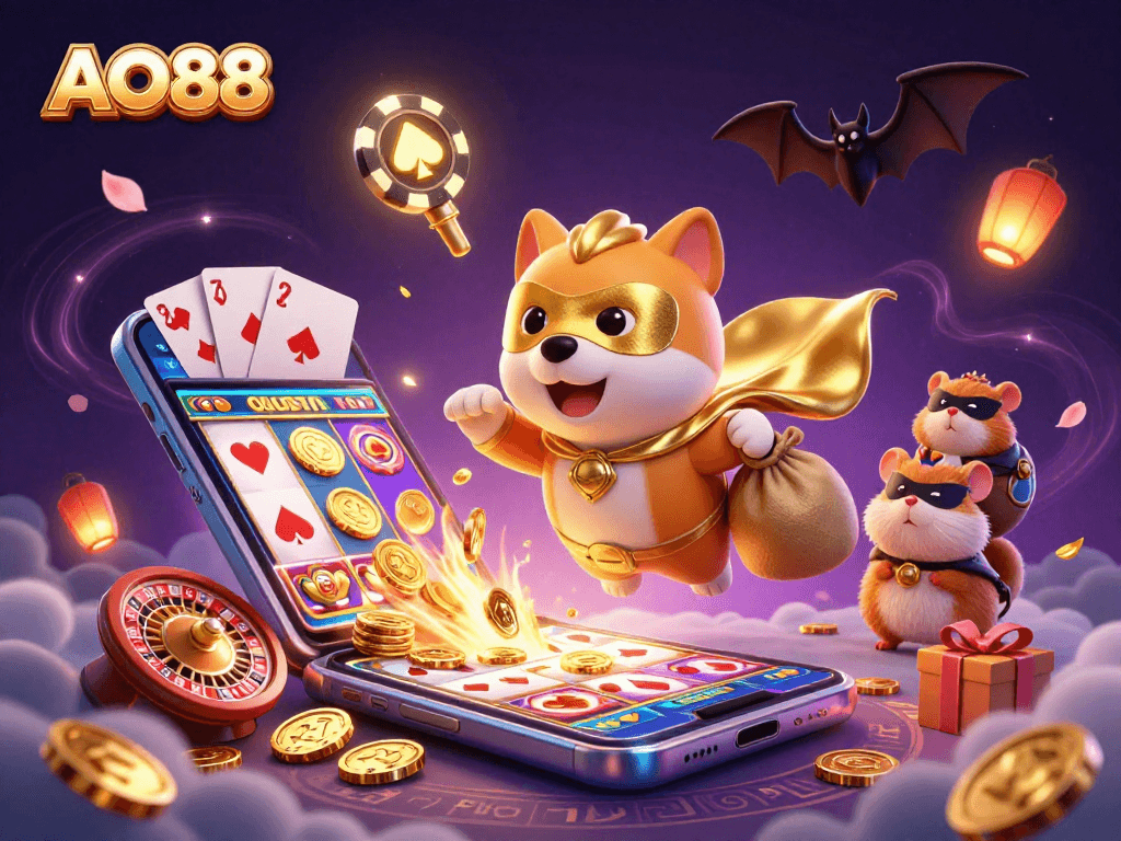 AO88 super dog diving into a vibrant casino world, surrounded by gold coins and gaming excitement.
