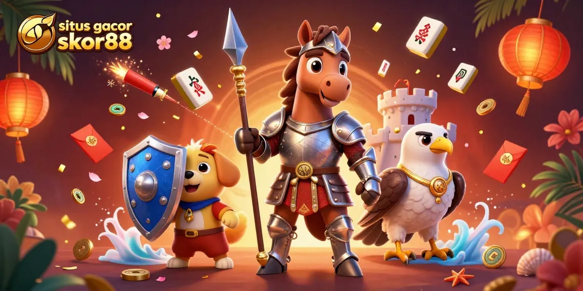 Situs gacor skor88 features an epic 3D scene with medieval characters enjoying gambling excitement.