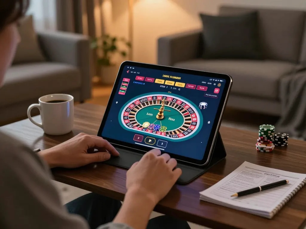 B52club player engaging in online live casino gameplay with warm ambiance and strategy notes