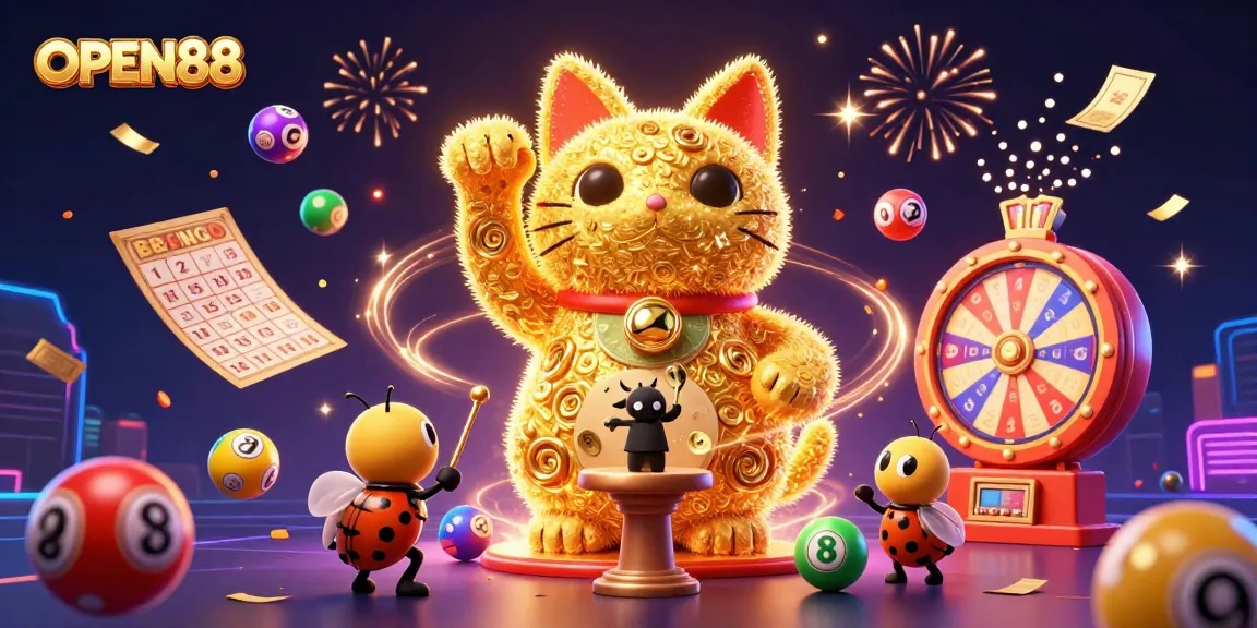 Experience thrilling gameplay at OPEN88 with a lucky cat made of golden fireflies, surrounded by vibrant gaming elements.