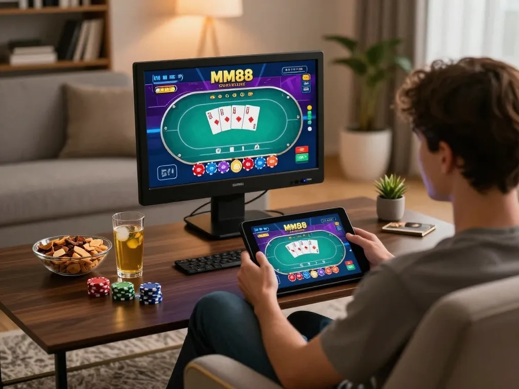 Experience MM88 online gaming with a vibrant poker scene on tablet amidst a cozy home setup.