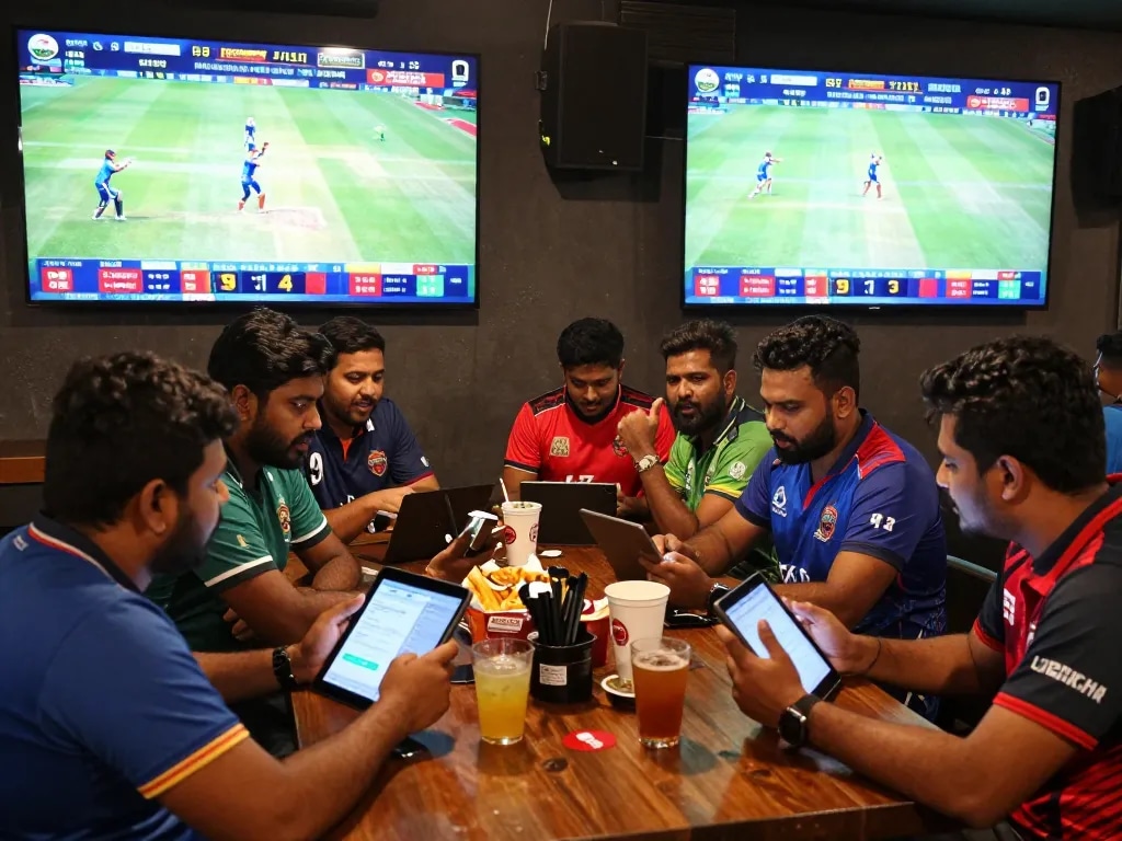 Engaging fans excited about JeetBangla cricket betting with live match stats and team jerseys.