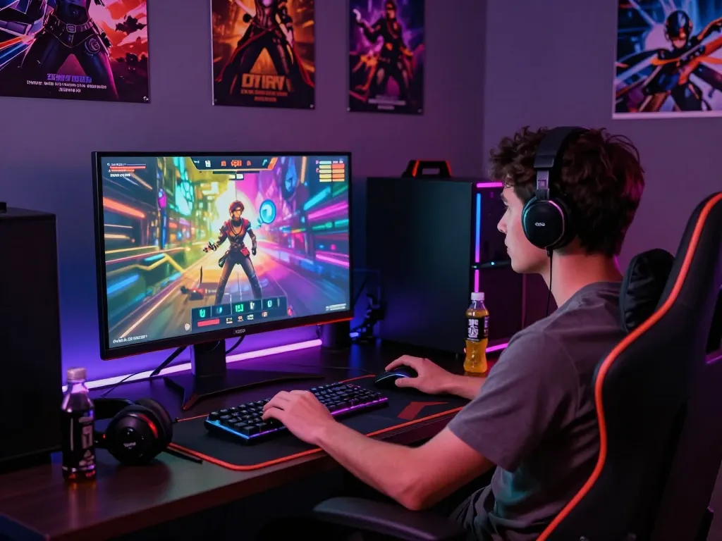Player immersed in a game sex experience with vivid graphics and modern gaming setup.