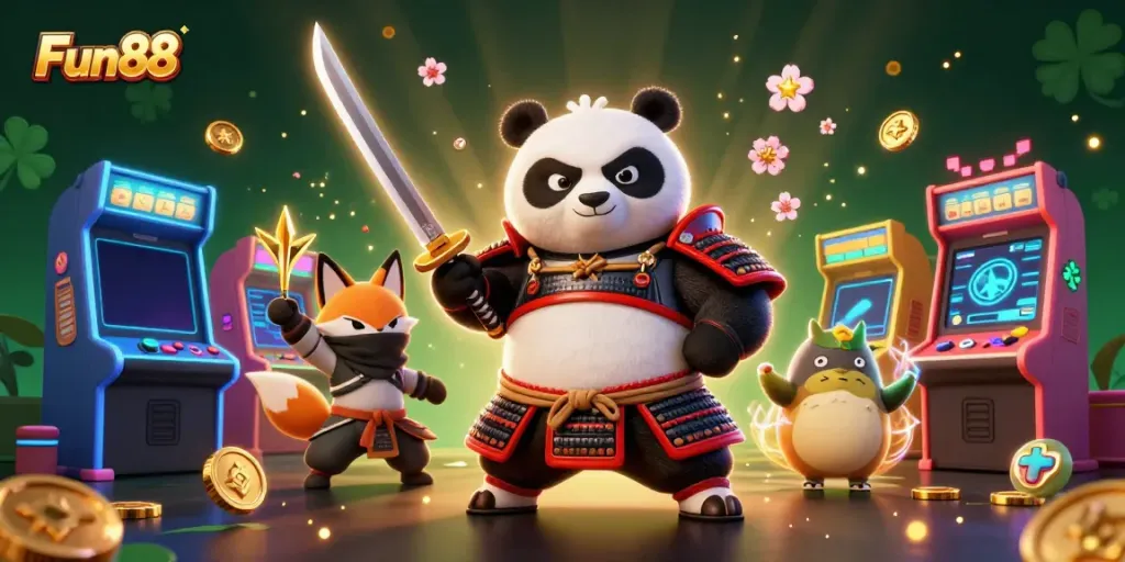 Experience the excitement of Fun88 with a dynamic illustration of a samurai panda and ninja fox in a vibrant online casino.